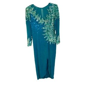 Vintage Landa Aqua Green Silk Sequin Beaded Long Evening Gown